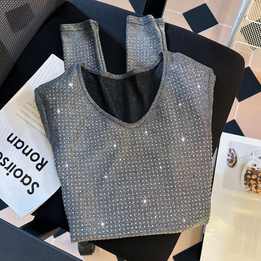 Rhinestone V-neck T-shirt long sleeve tops for women