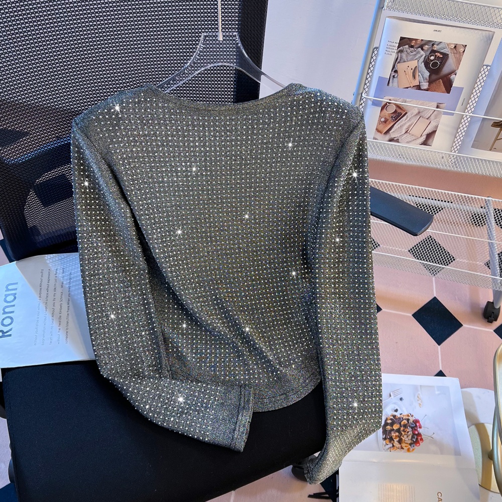 Rhinestone V-neck T-shirt long sleeve tops for women