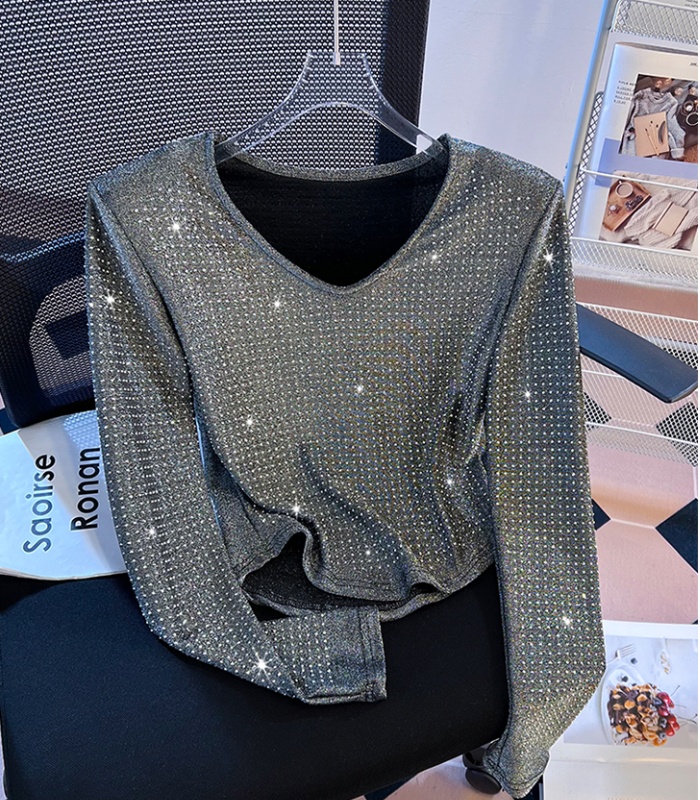 Rhinestone V-neck T-shirt long sleeve tops for women