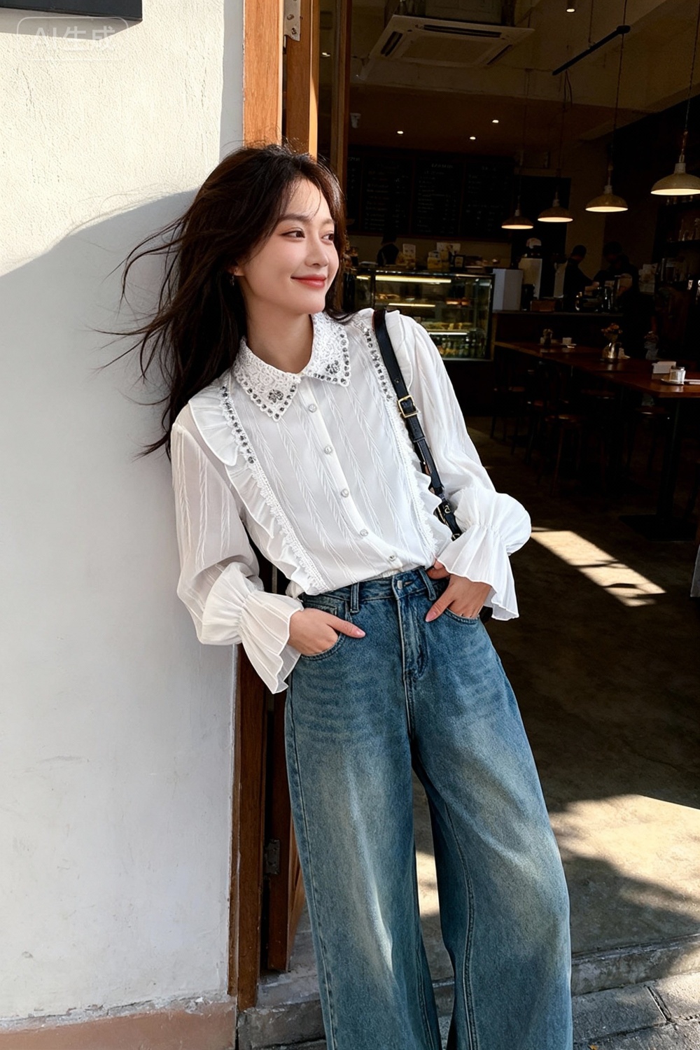 White rhinestone spring shirt