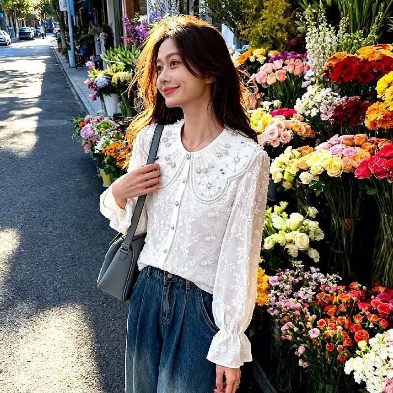 Spring long sleeve shirt doll collar tops for women