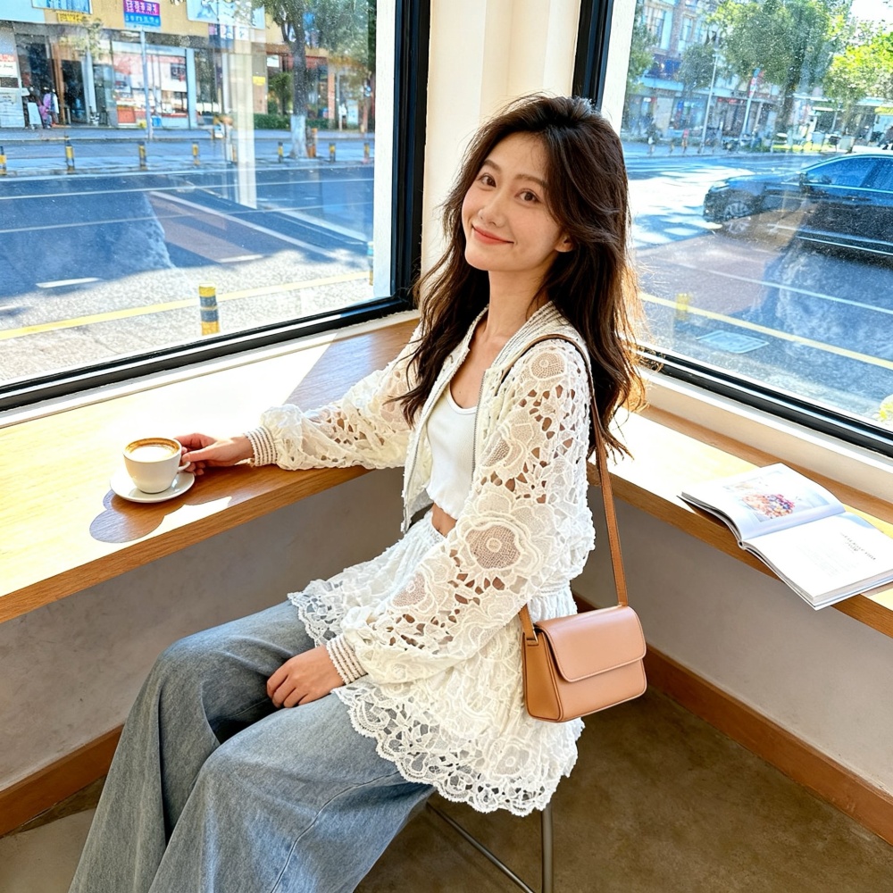 Korean style crochet short tops spring hollow cardigan