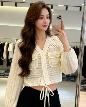 Drawstring hollow tops France style V-neck coat for women