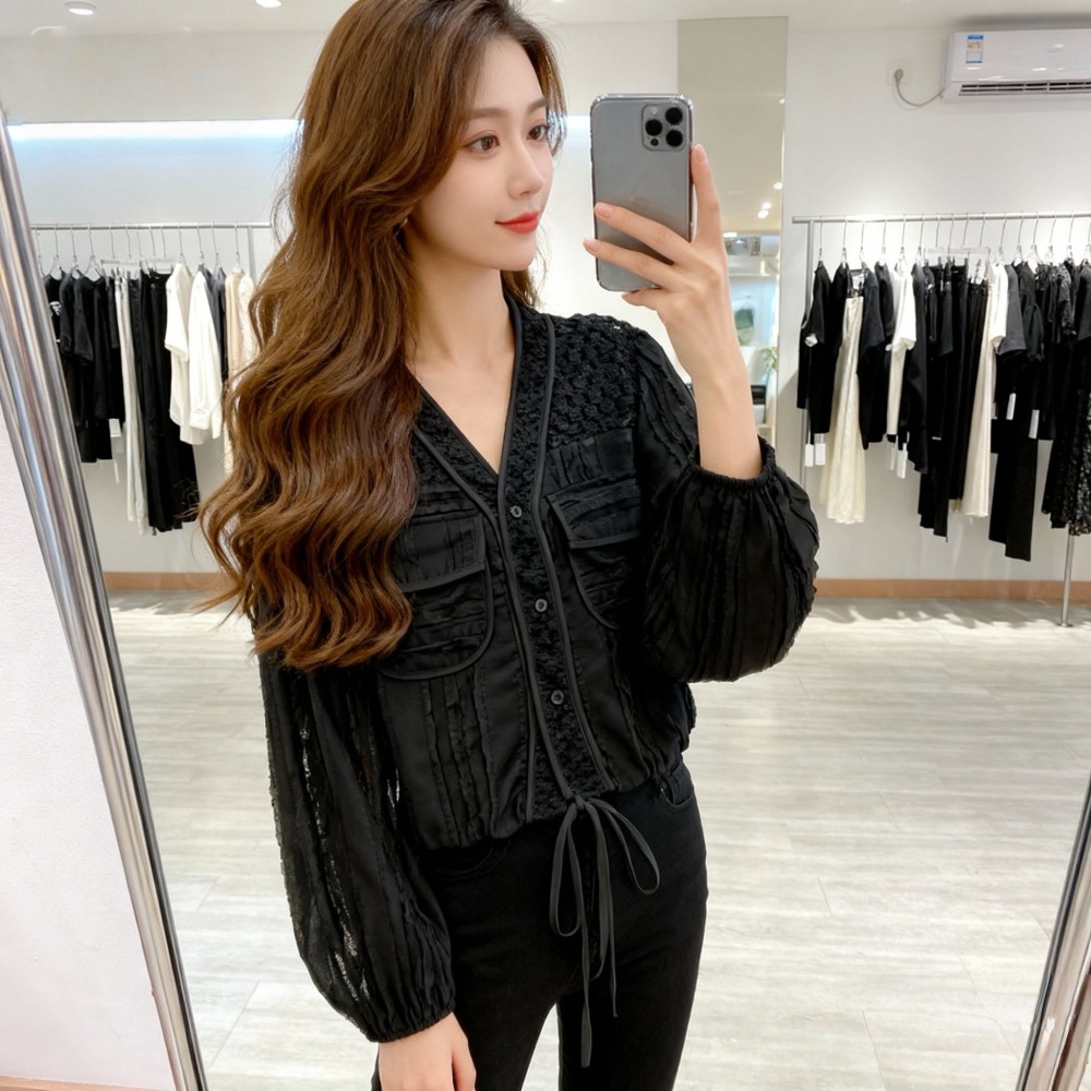 Drawstring hollow tops France style V-neck coat for women