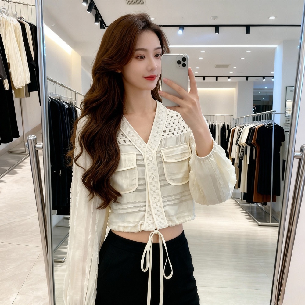 Drawstring hollow tops France style V-neck coat for women