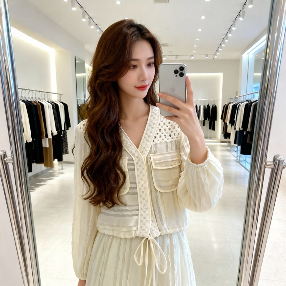 Drawstring hollow tops France style V-neck coat for women