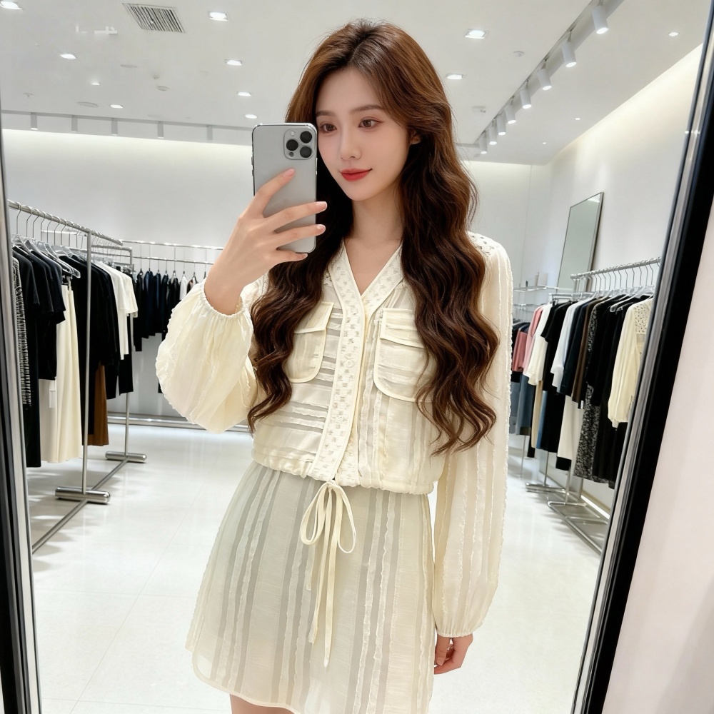 Drawstring hollow tops France style V-neck coat for women