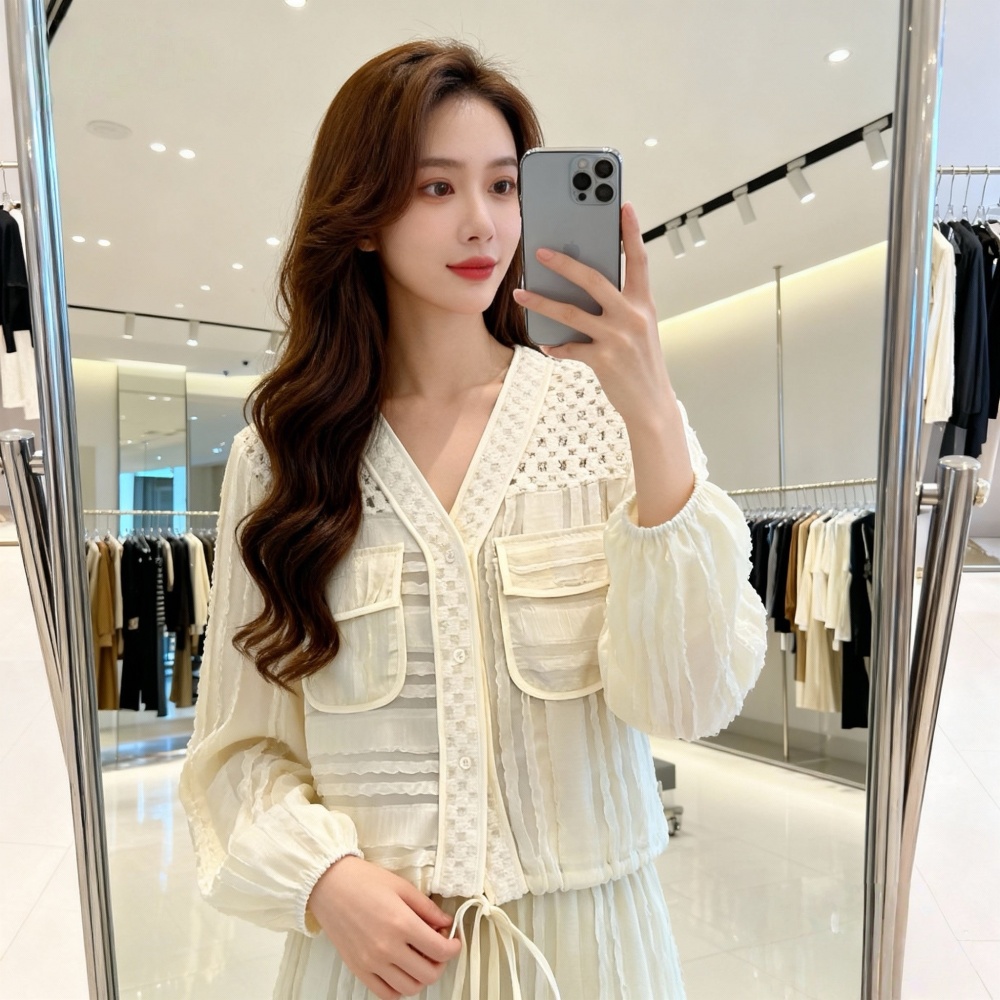 Drawstring hollow tops France style V-neck coat for women