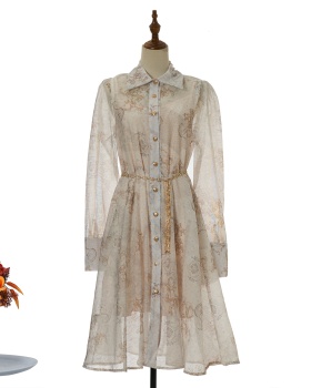 Printing long sleeve splice big skirt lapel short dress