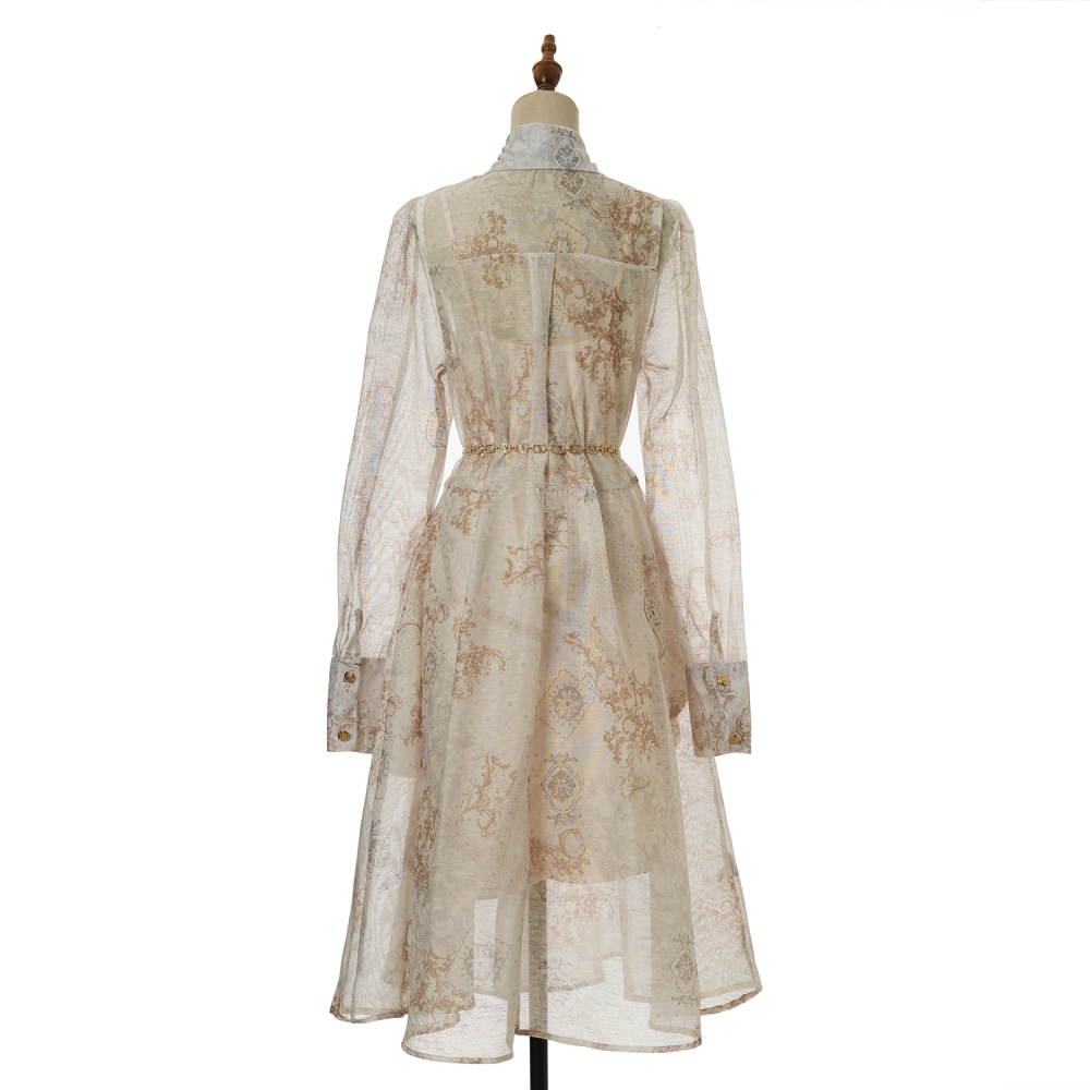 Printing long sleeve splice big skirt lapel short dress