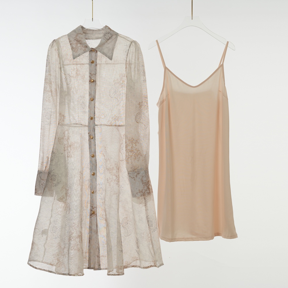 Printing long sleeve splice big skirt lapel short dress