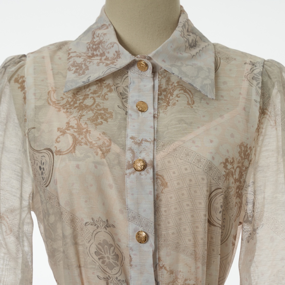 Printing long sleeve splice big skirt lapel short dress