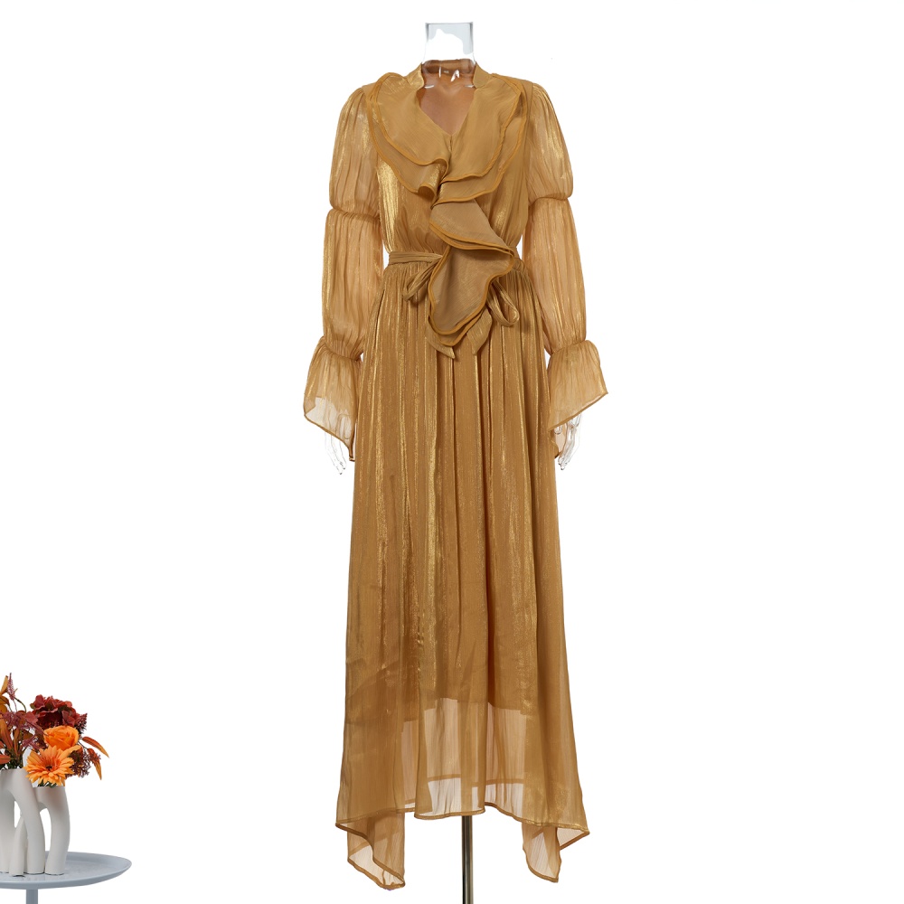 V-neck fashion long dress trumpet sleeves temperament dress