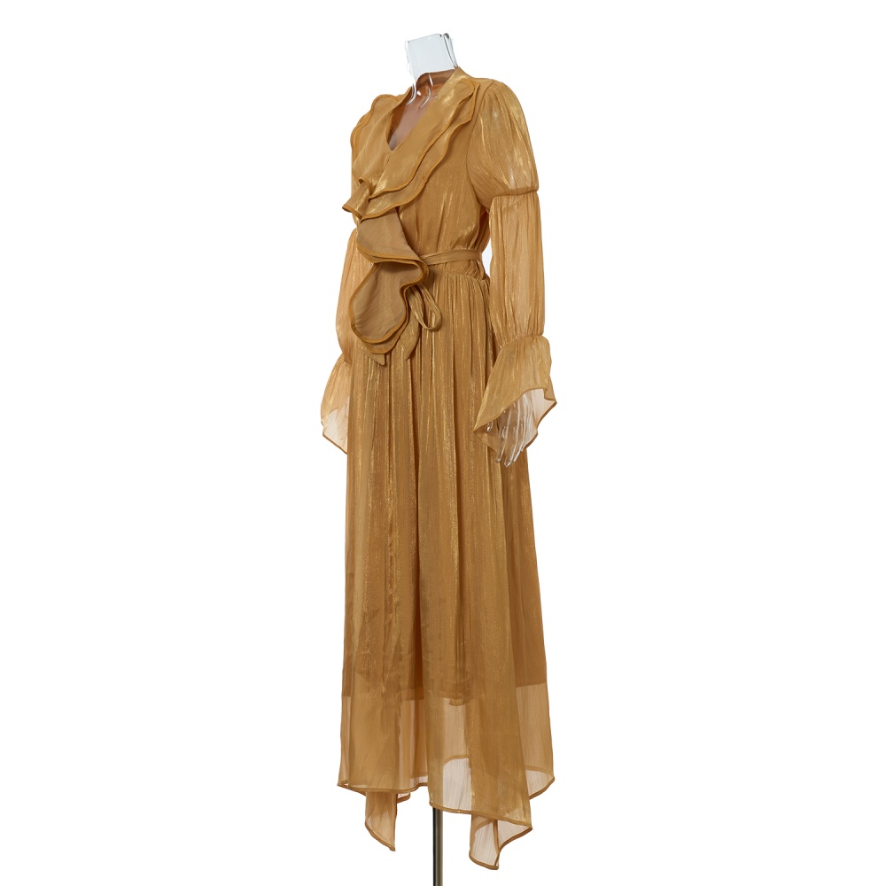 V-neck fashion long dress trumpet sleeves temperament dress