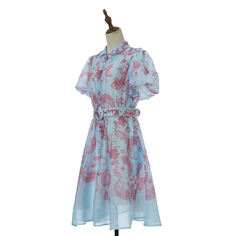 Puff sleeve with belt lapel printing dress