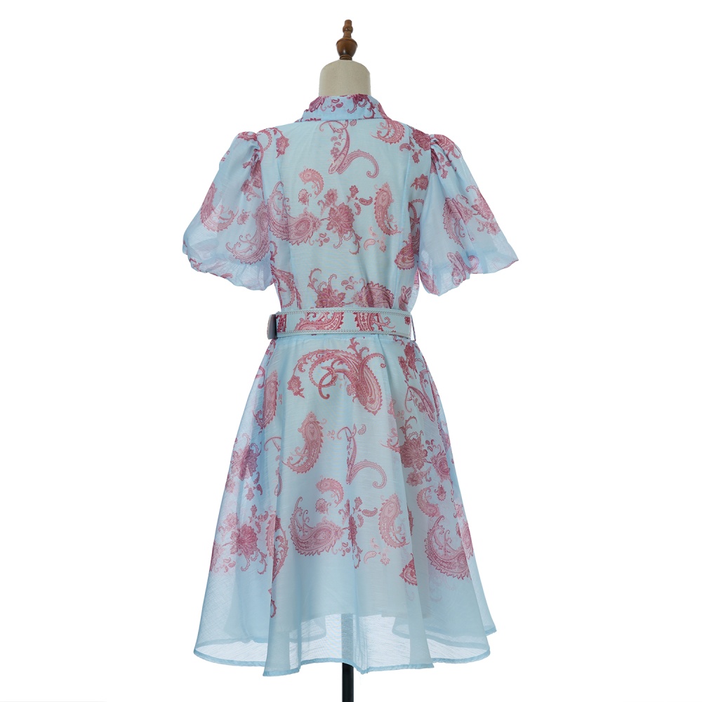 Puff sleeve with belt lapel printing dress