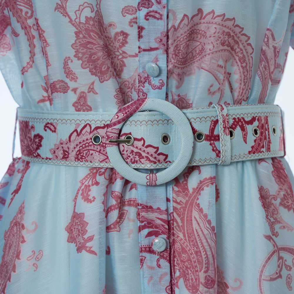 Puff sleeve with belt lapel printing dress