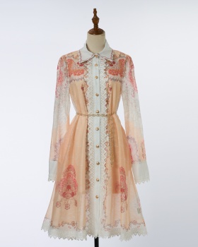 Long sleeve ladies waist chains splice lace shirt