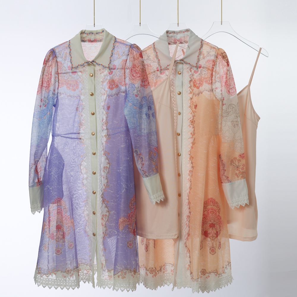 Long sleeve ladies waist chains splice lace shirt