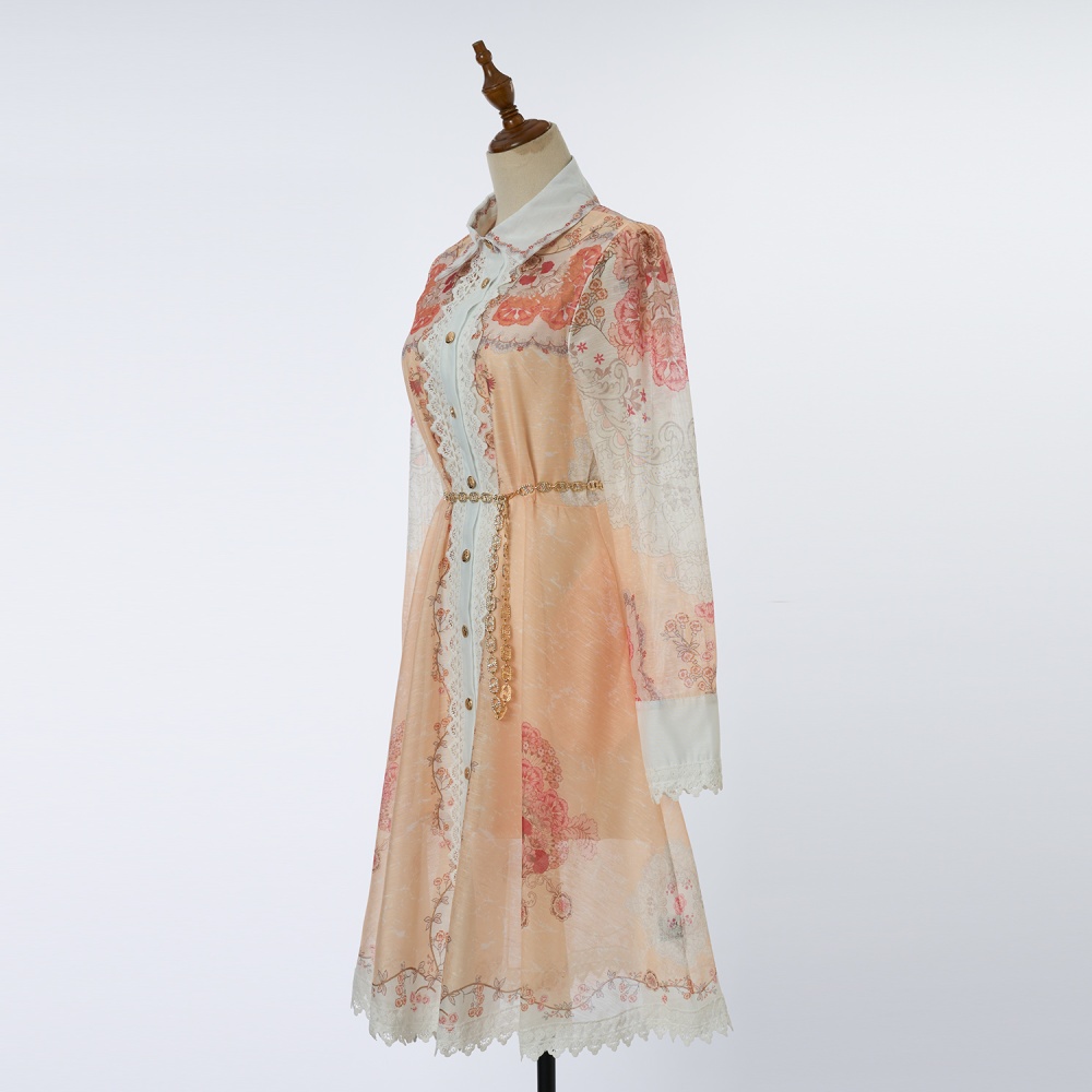 Long sleeve ladies waist chains splice lace shirt