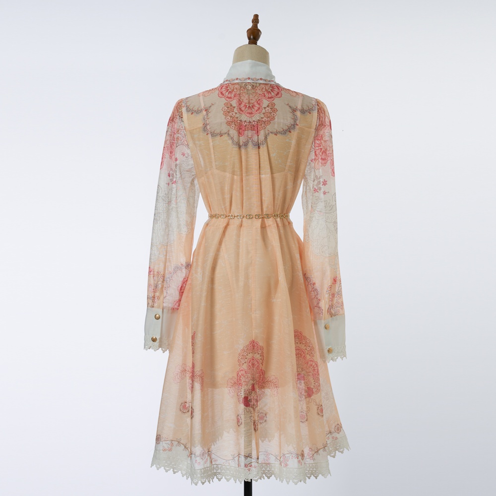 Long sleeve ladies waist chains splice lace shirt