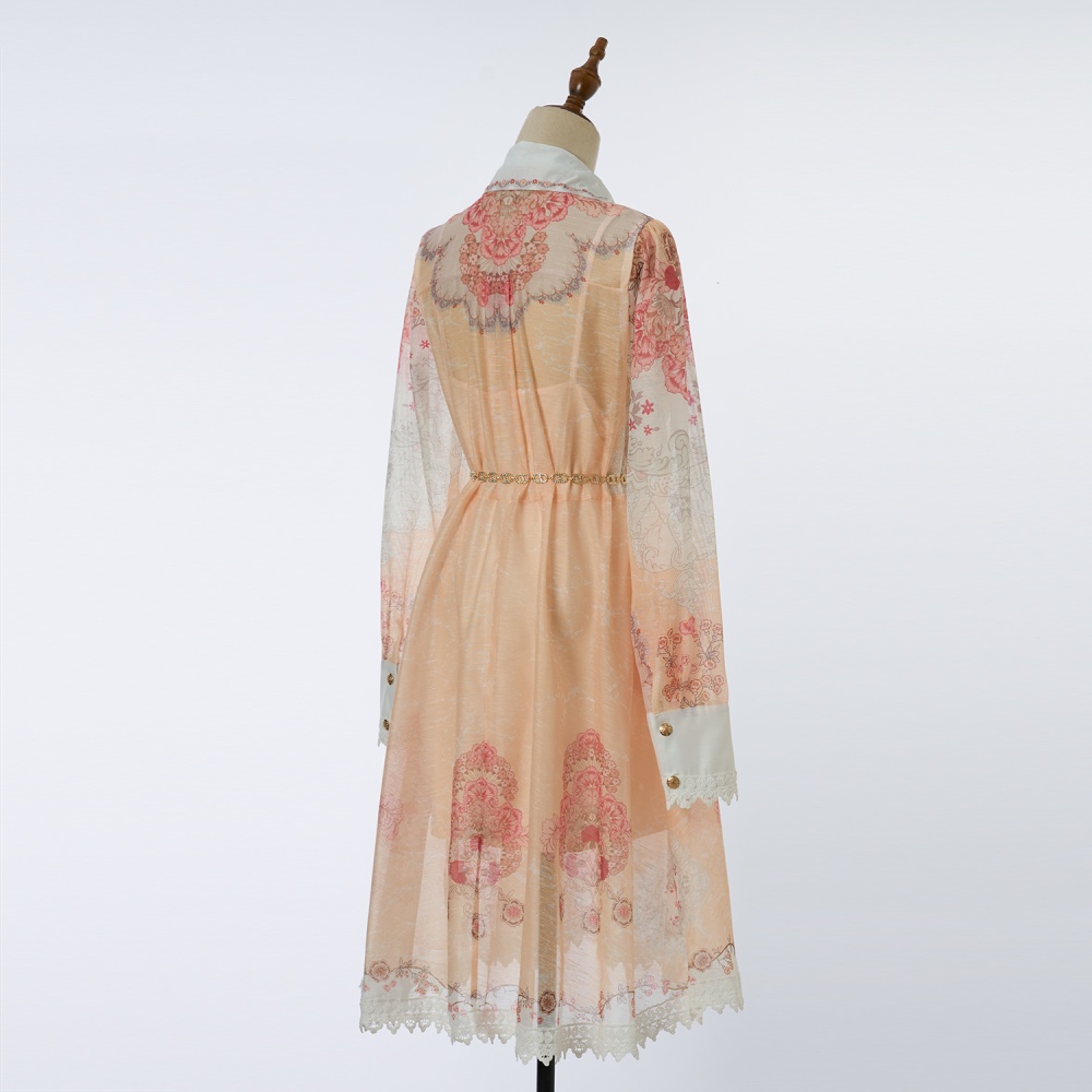 Long sleeve ladies waist chains splice lace shirt