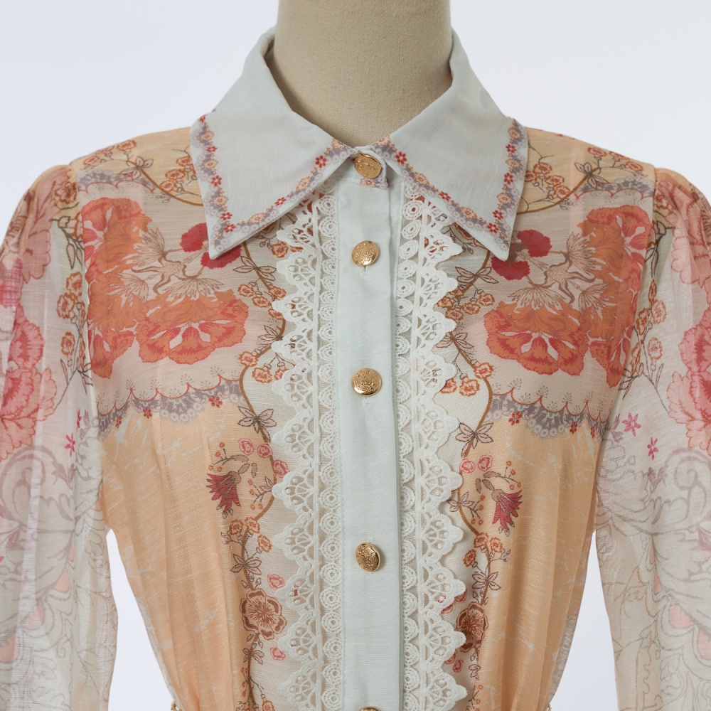 Long sleeve ladies waist chains splice lace shirt