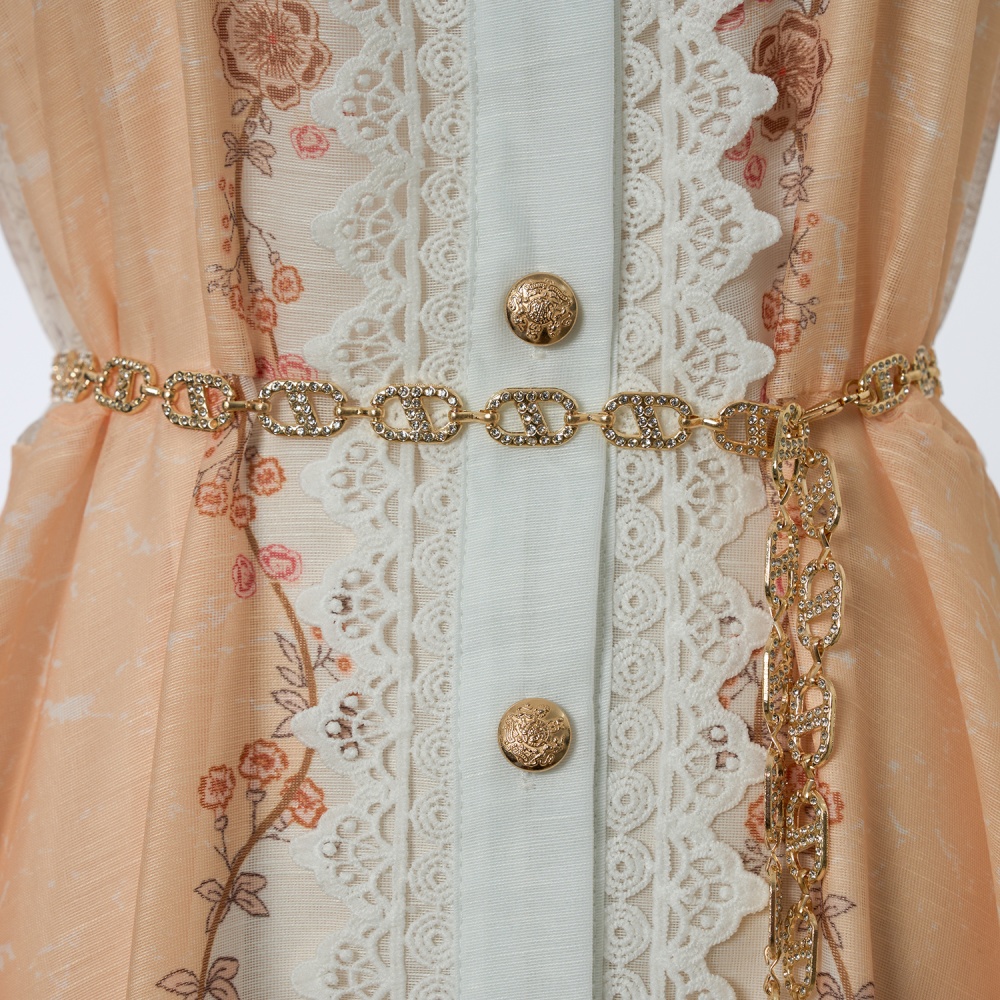 Long sleeve ladies waist chains splice lace shirt