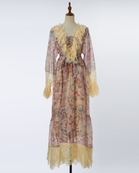 Printing slim pinched waist lace long dress