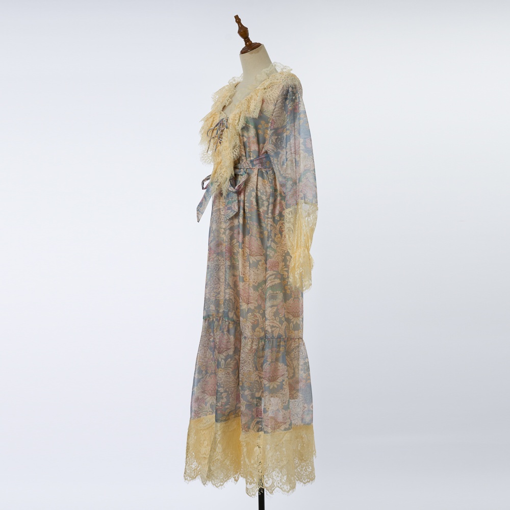 Printing slim pinched waist lace long dress