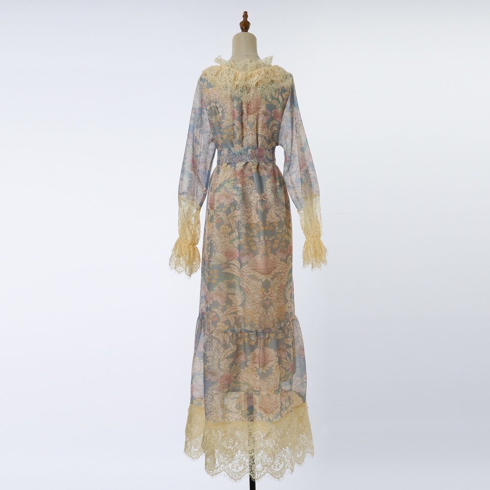 Printing slim pinched waist lace long dress