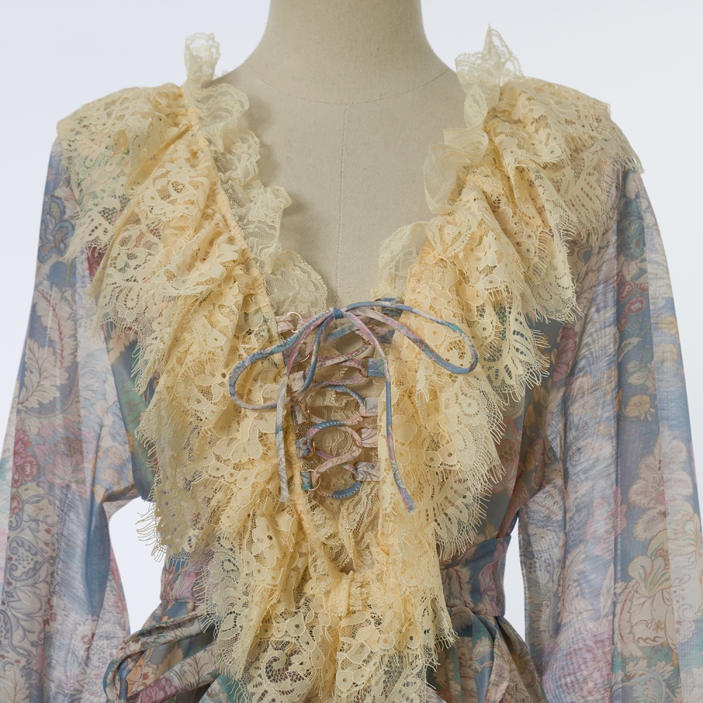 Printing slim pinched waist lace long dress