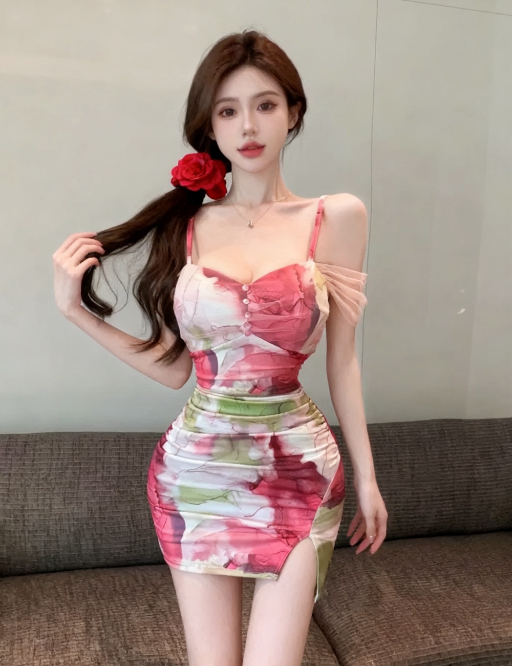 Slim sweet floral horizontal collar sexy dress for women
