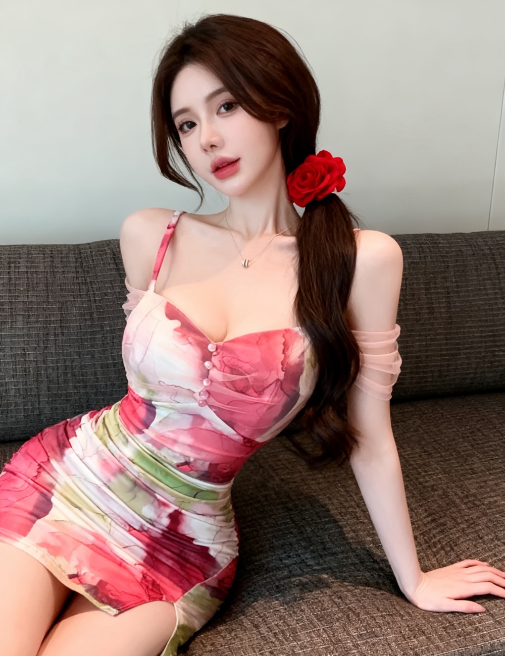 Slim sweet floral horizontal collar sexy dress for women