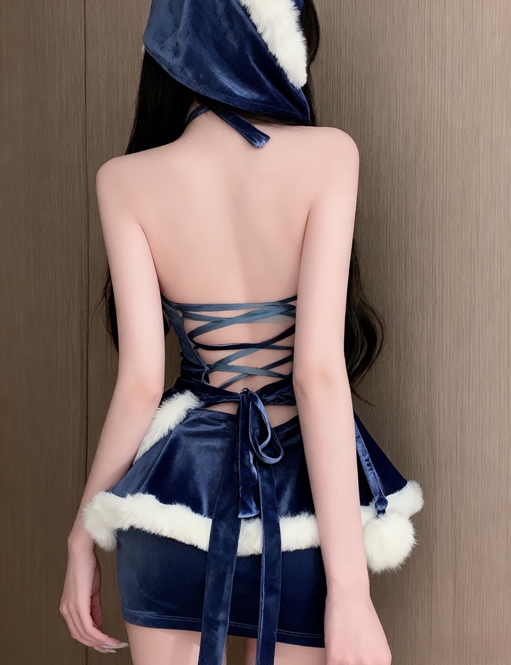Fashion sexy velvet T-back elmo lotus leaf edges dress a set