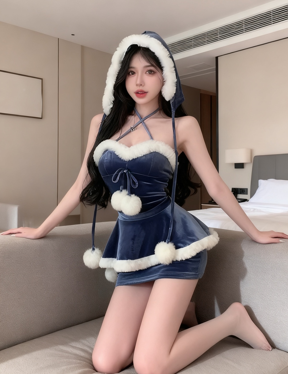 Fashion sexy velvet T-back elmo lotus leaf edges dress a set