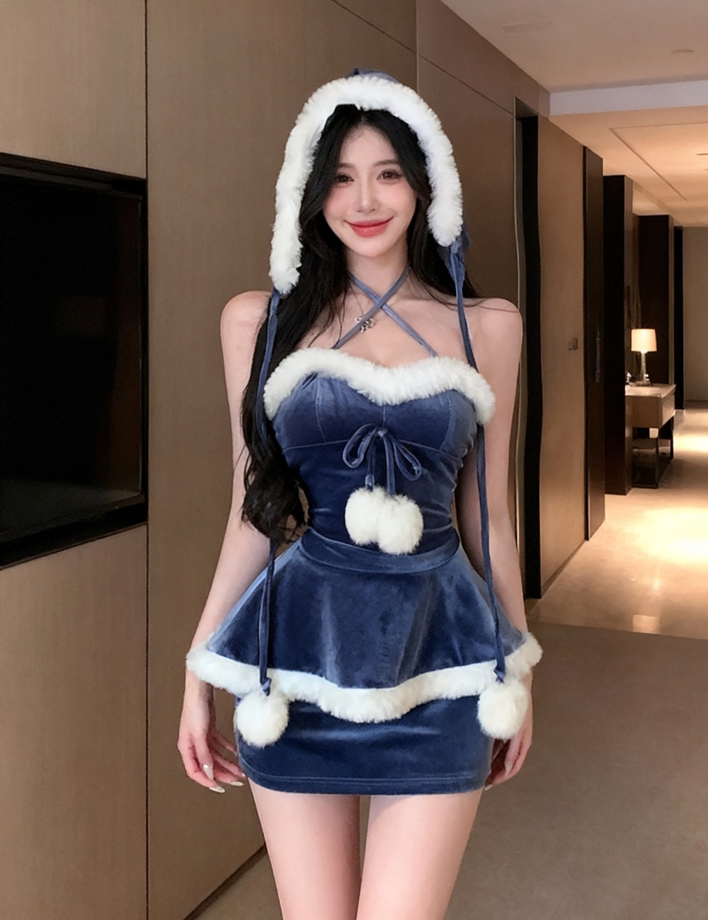 Fashion sexy velvet T-back elmo lotus leaf edges dress a set