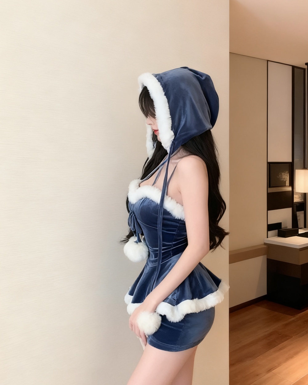 Fashion sexy velvet T-back elmo lotus leaf edges dress a set