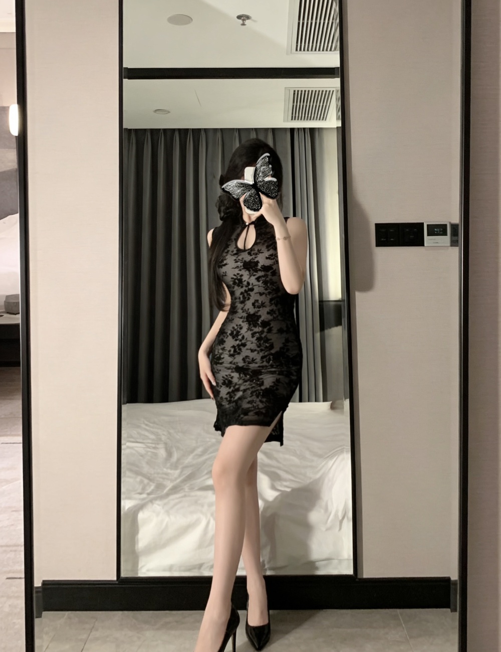 Flocking double dress retro sexy cheongsam for women