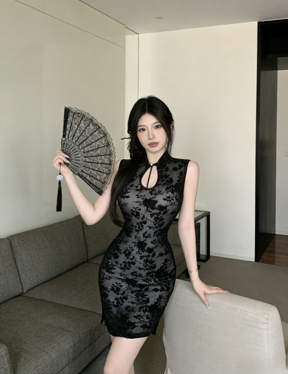 Flocking double dress retro sexy cheongsam for women