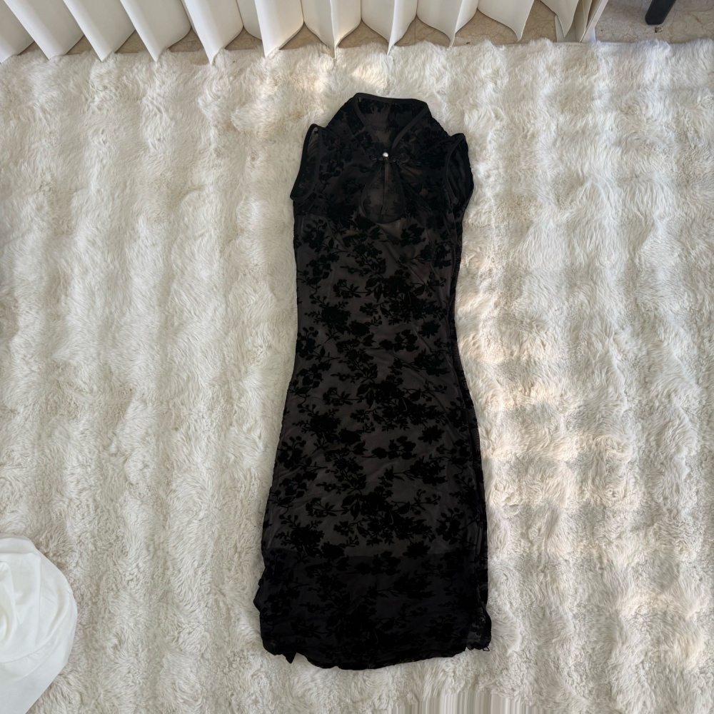Flocking double dress retro sexy cheongsam for women
