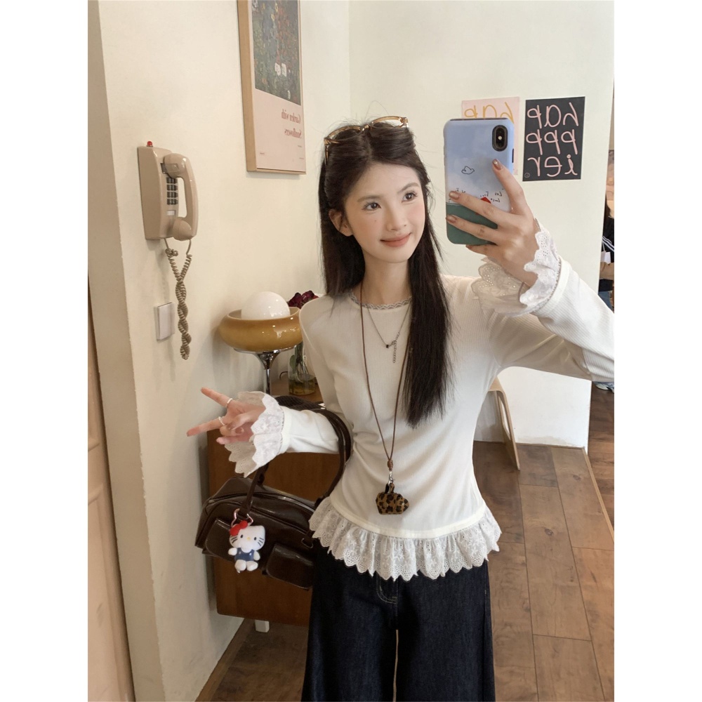 Lace cashmere tops Korean style inside the ride T-shirt
