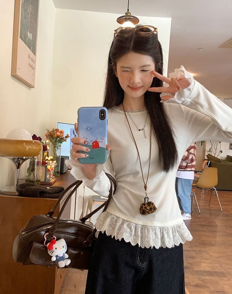 Lace cashmere tops Korean style inside the ride T-shirt