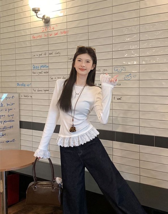 Lace cashmere tops Korean style inside the ride T-shirt