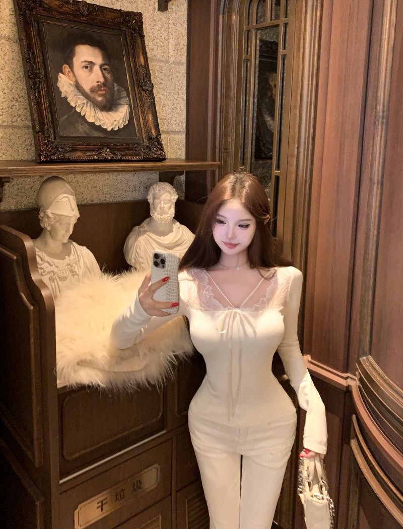 Lace winter splice tops sexy apricot T-shirt for women