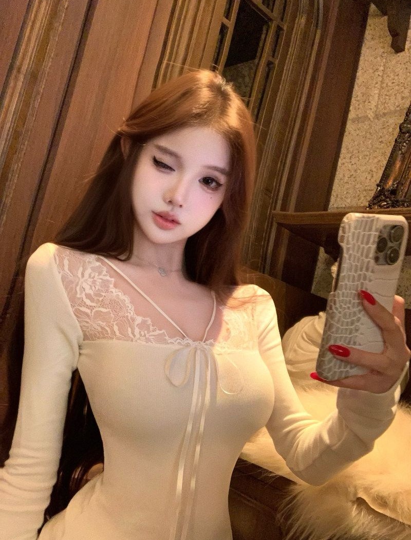 Lace winter splice tops sexy apricot T-shirt for women