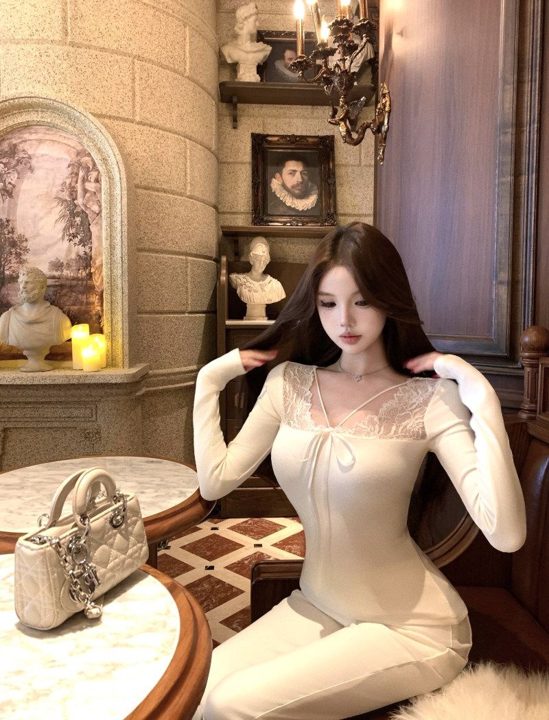 Lace winter splice tops sexy apricot T-shirt for women