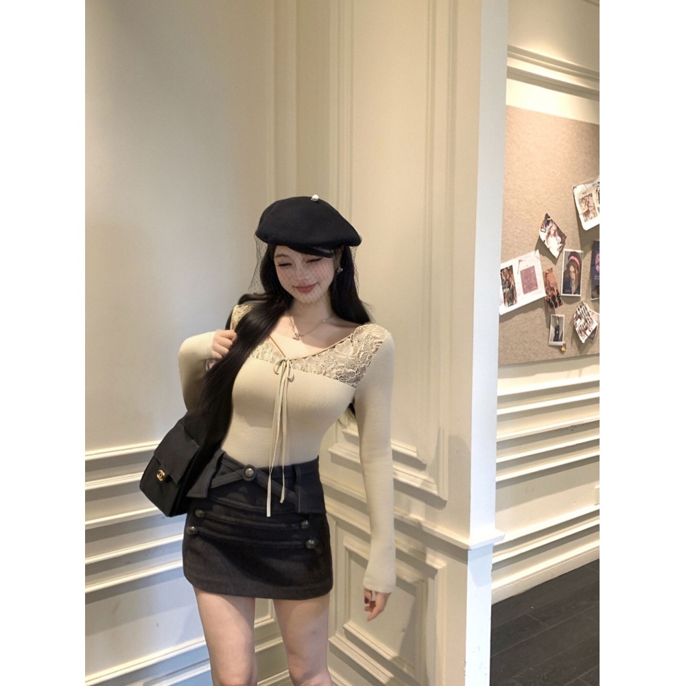 Lace winter splice tops sexy apricot T-shirt for women