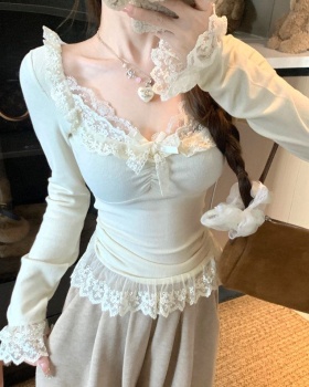 V-neck slim splice autumn and winter lace T-shirt for women
