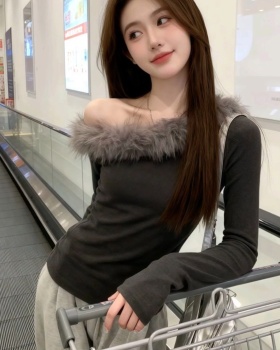 Fur collar bottoming shirt gray T-shirt for women